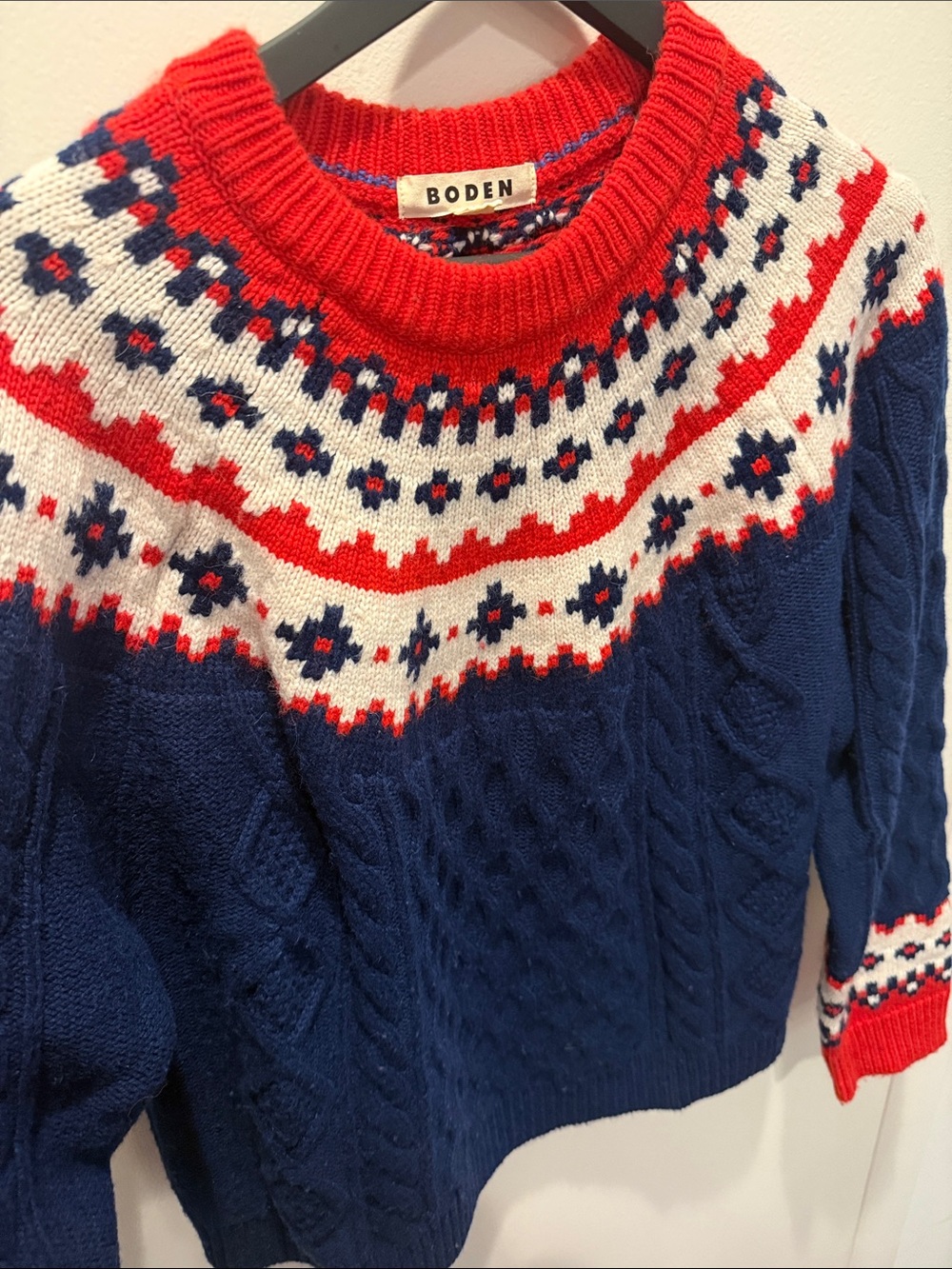 Boden Navy, Red & White Fair Isle Cable-Knit Crewneck Sweater - Picture 3 of 5